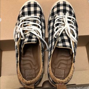 Black plaid sneakers with cork and suede accents